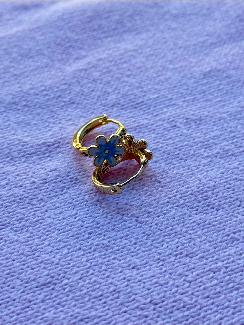 Gold Hoop Earrings with Blue Flower for Kids